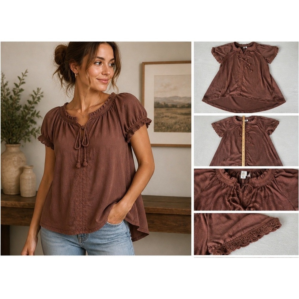 Est 1946 Peasant Blouse Womens XS Brown Boho Crochet Tassel Pom Pom Top